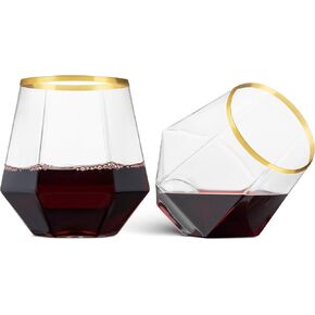 Munfix Gold Rim Plastic Stemless Wine Glasses 32 Pack - Diamond Shaped Unbreakable Disposable 12 Oz Clear Plastic Wine Champagne Whiskey Cups, Shatterproof Recyclable and BPA-Free