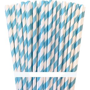 Biodegradable Striped Paper Straws,Paper Drinking Straws for Party, Events and Crafts,Baby Shower Decorations 7.75 Inches,100 Packs - Light Blue White - Striped