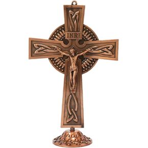 Nazareth Store Antique Copper Plated Deatachable Standing Crucifix Desk Decoration Ornament Art Jesus Stand Cross Religious Gifts for Home, Office, or Church