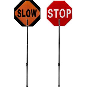 18x18 Inch Flagger Helper Slow Stop Paddle Signs with 60'' Telescopic Stretchable Staff Double Sided Stop/Slow Paddle Honeycomb Reflective Road Stop Signs for Road Traffic Construction