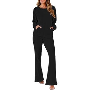 Viottiset Women's 2 Piece Outfits Lounge Set Long Sleeve Sweatshirt With Pocket Wide Leg Pants Sets Sweatsuit