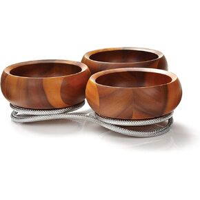 nambe Braid Condiment Server | Serving Bowl for Side Dishes, Dips, Appetizers | Chrome Base | Acacia Wood Dip Bowls | 3 Piece Serving Set | 12-Ounce Bowls