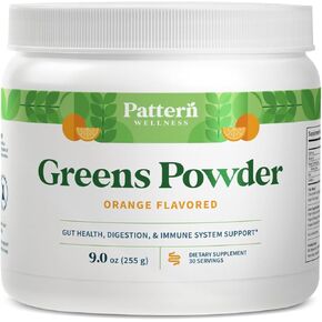 Pattern Wellness Greens Powder Superfood - Complete with Antioxidant, Digestive Enzyme, Fiber, Probiotic, & Adaptogen Blends - Gut, Digestion, & Immune System - 30 Servings - 16oz (Orange Flavor)