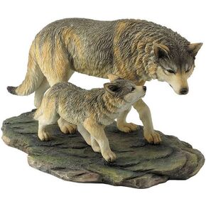 US 10.75 Inch Animal Figurine Wolf and Cub Walking Black Ochre White Gray