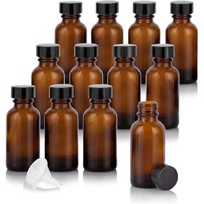 JUVITUS 1 oz / 30 ml Amber Glass Boston Round Bottle with Airtight Phenolic Cap (12 Pack) + Funnel