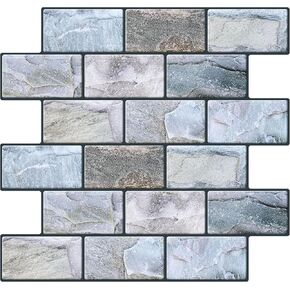 Peel and Stick Backsplash for Kitchen: Self Adhesive Wall Tiles for Bathroom - 3D Subway Back Splash - 5 Sheets Vinyl Blue Waterproof Wallpaper with Real Marble Texture for Shower