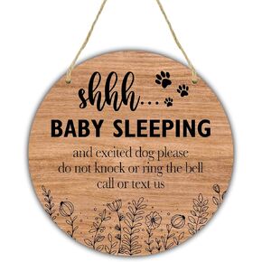 8" Round Wooden Hanging Door Sign - Shhh... Baby Sleeping And Excited Dog，Do Not Knock Or Ring The Door Bell -Rustic Floral Welcome Sign, Housewarming Gift, Home & Office Decorations - B02