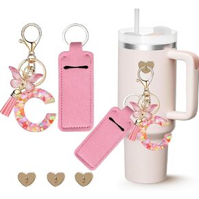 Letter Charm Accessories for Stanley Cup with Mini Hooks & Lipstick Chapstick Holder & Tassel Butterfly Cute Initial Name Id Keychain Compatible with Stanley Tumbler 40oz for Women Girls, C…