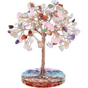 mookaitedecor Natural Colorful Crystal Money Tree with 7 Chakra Stones Resin Base Crystal Trees Feng Shui Sculpture Home Office Decoration Good Luck Gift 4-4.6 Inch
