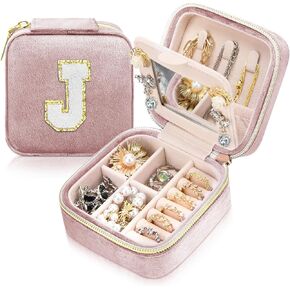 Earring Jewelry Box Birthday Gifts for Women, Initials Jewelry Travel Case Plush Velvet Jewelry Box Small Blue Jewelry Organizer with Mirror Gifts For Daughter, Girlfriend, Mom | Gifts For Her - S