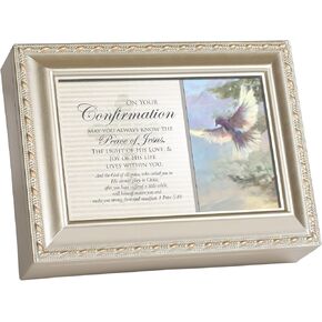 Cottage Garden Confirmation May You Know Peace Silvertone Rope Trim Jewelry Music Box Plays Amazing Grace