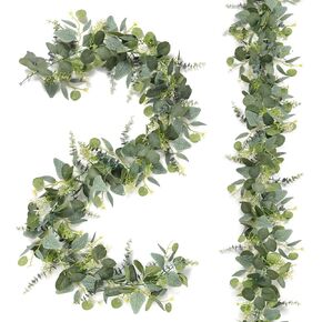 2PCS Eucalyptus Garland Artificial Greenery Garland with Gypsophila Flowers Faux Vines Hanging Plants Garland Table Runner for Wedding Backdrop Arch Party Summer Fireplace Mantel Decor