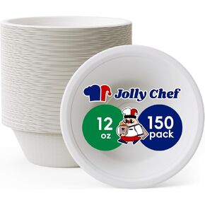 JOLLY CHEF Compostable Disposable Paper Bowl [12 oz] Heavy Duty Soup Bowls [150 Pack] Biodegradable Bagasse Hot Cold Food Bowls Eco-Friendly Sugarcane Bowls for Salad Dessert Milk Cereals