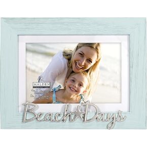 Malden International Designs 4x6 or 5x7 Beach Days Turquoise Picture Frame Silver Finish With Starfish Icon Word Attachment Textured Wood Grain Finish MDF Frame White Beveled Mat