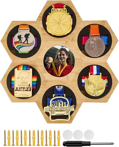 Medal Hanger Display,Hexagonal Bamboo Medal Holder Stand, Honeycomb Medal Hanger Display Case for Running, Swimming, Ball Games, and Any Competition (7PCS) in Saudi Arabia