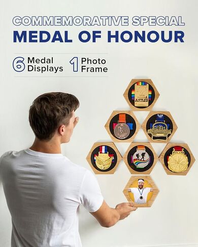Medal Hanger Display,Hexagonal Bamboo Medal Holder Stand, Honeycomb Medal Hanger Display Case for Running, Swimming, Ball Games, and Any Competition (7PCS) in Saudi Arabia
