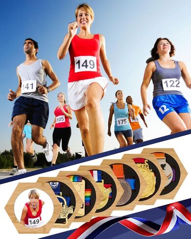 Medal Hanger Display,Hexagonal Bamboo Medal Holder Stand, Honeycomb Medal Hanger Display Case for Running, Swimming, Ball Games, and Any Competition (7PCS) in Saudi Arabia