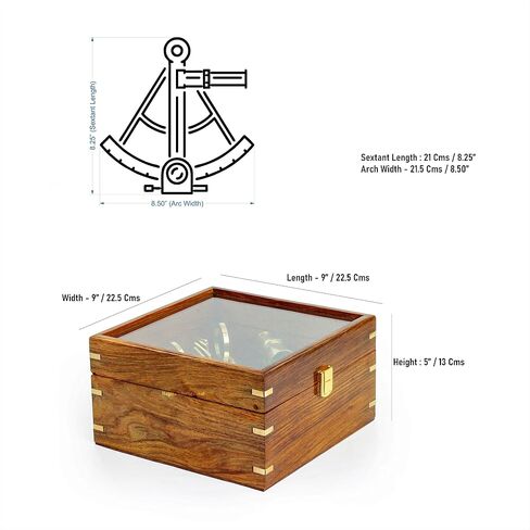 8.5" Large Brass Sextant with Glass Wooden Box - 9" - Nautical Navigation Collection | Pirate's Gift Decor Ideas | Marine Instruments in Saudi Arabia