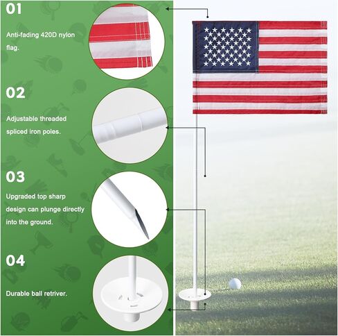 وضع الأعلام الخضراء، 3 عبوات من علم الجولف الأمريكي مع عمود قابل للفصل، عصا علم الجولف بطول 6 أقدام مع أعلام الجولف، مجموعة ثقب علم دبوس الجولف الأمريكي مع مسترد الكرة لممارسة الجولف في الفناء الخلفي in Kuwait