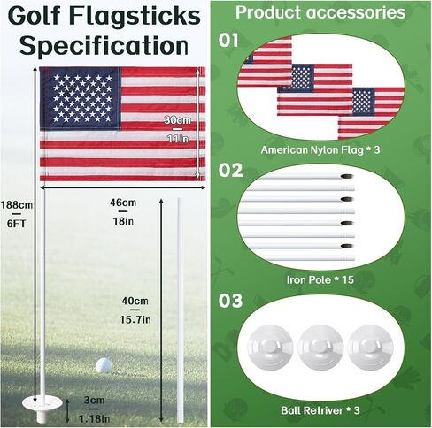 وضع الأعلام الخضراء، 3 عبوات من علم الجولف الأمريكي مع عمود قابل للفصل، عصا علم الجولف بطول 6 أقدام مع أعلام الجولف، مجموعة ثقب علم دبوس الجولف الأمريكي مع مسترد الكرة لممارسة الجولف في الفناء الخلفي in Kuwait