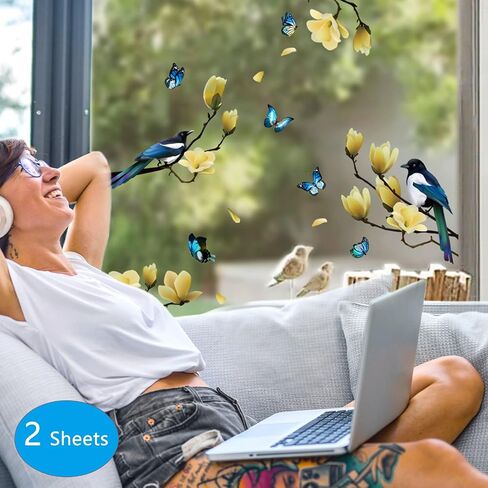 Ohmywor 36 Pieces Birds Window Stickers, Double Sided Window Clings Anti-Collision Window Bird Stickers Butterfly Spring Window Decals Pattern Adhesive Window Decals for Glass Windows Wall Door in Saudi Arabia