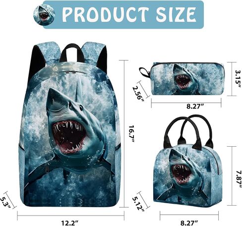 Shark 3PCS Backpack Set for Teens Elementary Middle High School, 17 Inch Lightweight Classic Backpack 3 in 1 Set for Girls Boys, Kids School Backpack with Lunch Box Pencil Case in Saudi Arabia