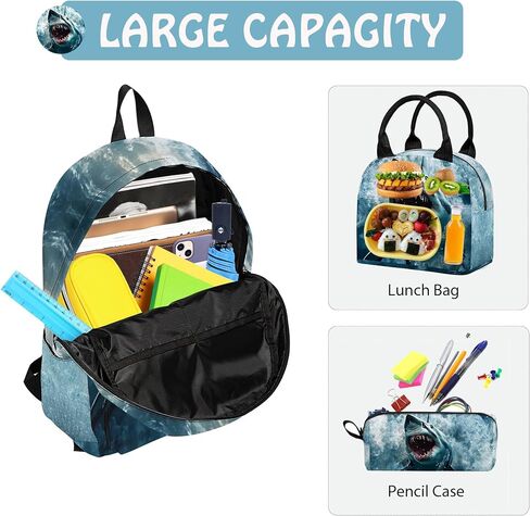 Shark 3PCS Backpack Set for Teens Elementary Middle High School, 17 Inch Lightweight Classic Backpack 3 in 1 Set for Girls Boys, Kids School Backpack with Lunch Box Pencil Case in Saudi Arabia