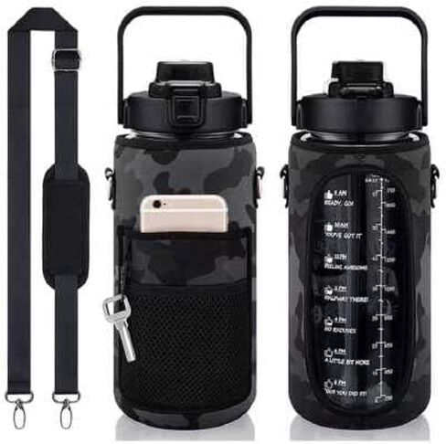 Half Gallon Water Bottle With Sleeve 70oz (2L) Inspirational Water Bottle With Straw and Time Stamp, Drinkable Leak-Proof Tritan BPA-Free Bottle, Large Water Jug for Daily Hydration (Black) in Saudi Arabia