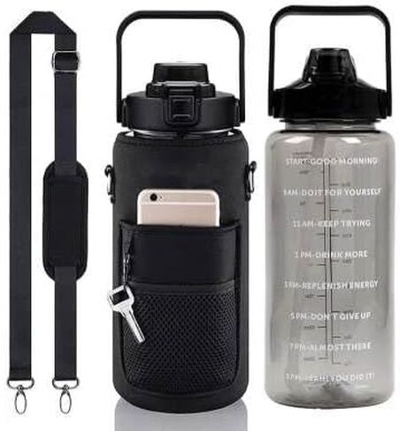 Half Gallon Water Bottle With Sleeve 70oz (2L) Inspirational Water Bottle With Straw and Time Stamp, Drinkable Leak-Proof Tritan BPA-Free Bottle, Large Water Jug for Daily Hydration (Black) in Saudi Arabia