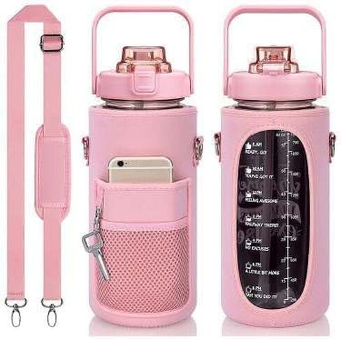 Half Gallon Water Bottle With Sleeve 70oz (2L) Inspirational Water Bottle With Straw and Time Stamp, Drinkable Leak-Proof Tritan BPA-Free Bottle, Large Water Jug for Daily Hydration (Black) in Saudi Arabia