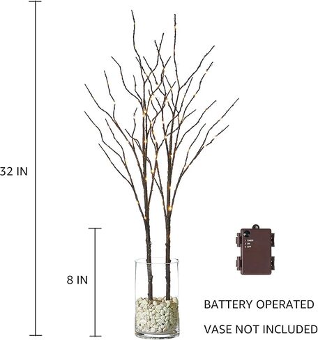 فرع شجرة البتولا الاصطناعي المضاء من Hairui مع أضواء خرافية 30 بوصة 100 LED تعمل بالبطارية فرع الصفصاف المضاء لتزيين المنزل في عيد الميلاد مجموعتان (المزهرية مستبعدة) in Kuwait