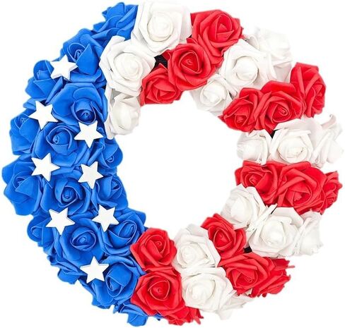 الرابع من يوليو يوم الاستقلال العلم نجوم زهرة على شكل إكليل وطني، نافذة باب المنزل عطلة الديكور إكليل يوم الاستقلال (14.5 بوصة) in Kuwait