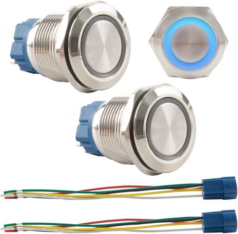 Paialu 2 قطعة 22 مم مفتاح زر الضغط، 12 فولت مقاوم للماء حلقة زرقاء ضوء LED مفتاح زر ضغط معدني مع قابس توصيل - 1NO 1NC مفتاح ضغط دائري للسيارة قارب بحري in Kuwait