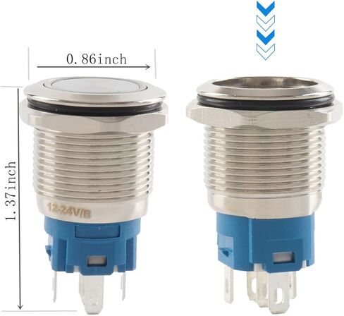 Paialu 2 قطعة 22 مم مفتاح زر الضغط، 12 فولت مقاوم للماء حلقة زرقاء ضوء LED مفتاح زر ضغط معدني مع قابس توصيل - 1NO 1NC مفتاح ضغط دائري للسيارة قارب بحري in Kuwait