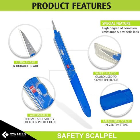 Cynamed Premium Disposable Scalpel w/Retractable Blade and Measurement Scales for Craft, Dermaplaining, Dermatology, Podiatry, Laboratory, Surgical, Dental, Veterinary & More (#15) in Saudi Arabia
