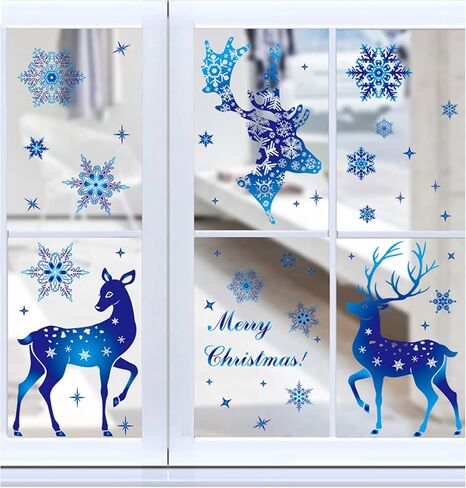Christmas Window Clings, Double Sided Blue Reindeer Snowflakes Christmas Clings Decoration Decals, Window Clings Stickers for Kids Glass Window Arts and Crafts (Blue Deer) in Saudi Arabia