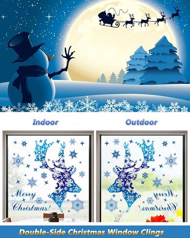 Christmas Window Clings, Double Sided Blue Reindeer Snowflakes Christmas Clings Decoration Decals, Window Clings Stickers for Kids Glass Window Arts and Crafts (Blue Deer) in Saudi Arabia