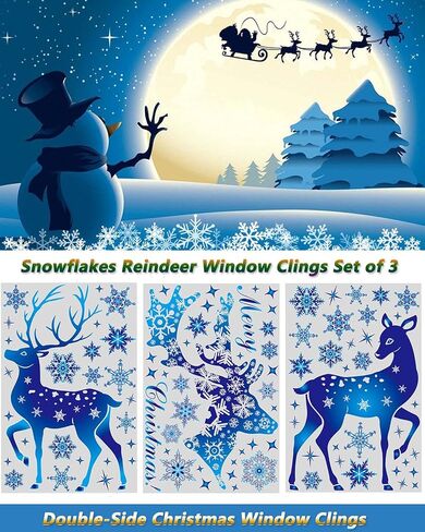 Christmas Window Clings, Double Sided Blue Reindeer Snowflakes Christmas Clings Decoration Decals, Window Clings Stickers for Kids Glass Window Arts and Crafts (Blue Deer) in Saudi Arabia