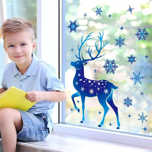 Christmas Window Clings, Double Sided Blue Reindeer Snowflakes Christmas Clings Decoration Decals, Window Clings Stickers for Kids Glass Window Arts and Crafts (Blue Deer) in Saudi Arabia
