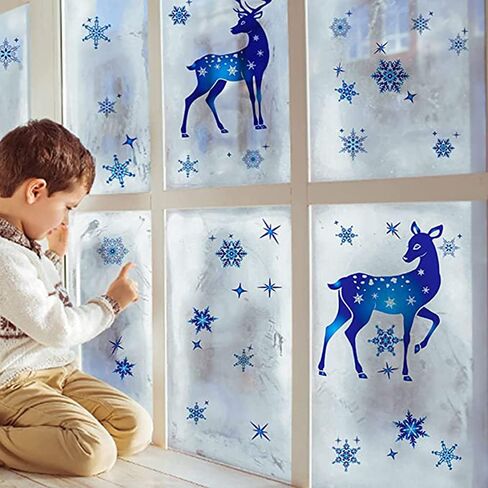 Christmas Window Clings, Double Sided Blue Reindeer Snowflakes Christmas Clings Decoration Decals, Window Clings Stickers for Kids Glass Window Arts and Crafts (Blue Deer) in Saudi Arabia