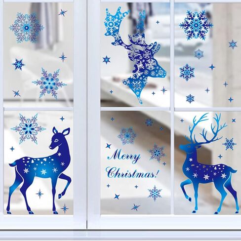 Christmas Window Clings, Double Sided Blue Reindeer Snowflakes Christmas Clings Decoration Decals, Window Clings Stickers for Kids Glass Window Arts and Crafts (Blue Deer) in Saudi Arabia