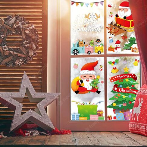 Christmas Window Clings, Double Sided Blue Reindeer Snowflakes Christmas Clings Decoration Decals, Window Clings Stickers for Kids Glass Window Arts and Crafts (Blue Deer) in Saudi Arabia