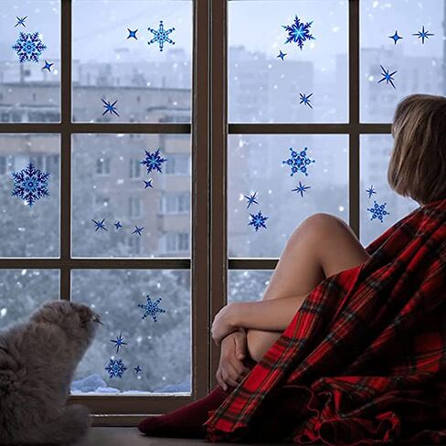 Christmas Window Clings, Double Sided Blue Reindeer Snowflakes Christmas Clings Decoration Decals, Window Clings Stickers for Kids Glass Window Arts and Crafts (Blue Deer) in Saudi Arabia