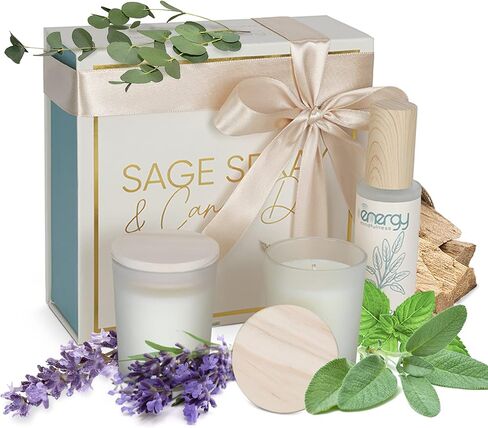 Sage smudge kit. Soy Wax Candles. Sage Spray for Cleansing Negative Energy & Protection. Ideal for Meditation, Aromatherapy, Reiki. Good vibes candle set. in Saudi Arabia