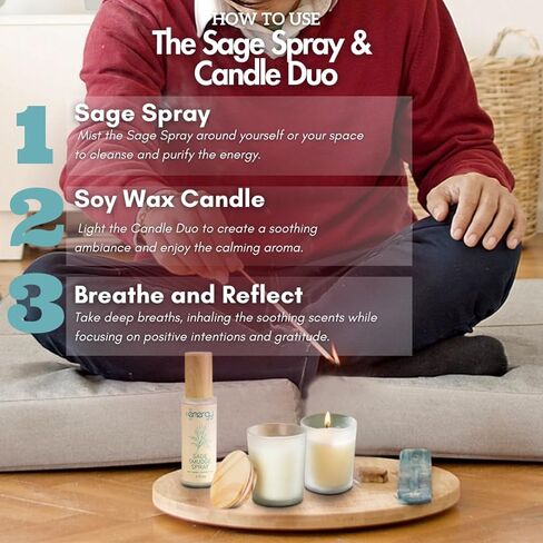 Sage smudge kit. Soy Wax Candles. Sage Spray for Cleansing Negative Energy & Protection. Ideal for Meditation, Aromatherapy, Reiki. Good vibes candle set. in Saudi Arabia