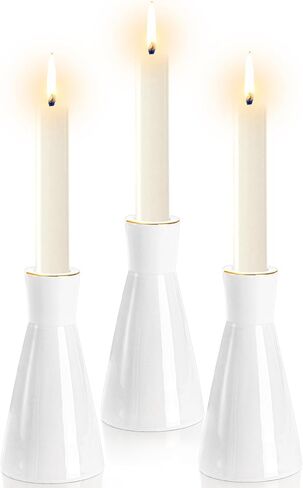 مجموعة ZEAYEA مكونة من 3 حوامل شموع من السيراميك، حوامل شموع حديثة لطاولة الزفاف المركزية هدية الترحيب بالمنزل، حامل شموع مستدقة بيضاء مزخرفة بحافة ذهبية لديكور المنزل للحفلات in Kuwait