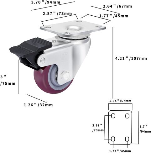 2 Inches Caster Wheels Set of 4 Polyurethane Castors with Free Screws and Spanner, Heavy Duty Swivel Plate Castors Pack 4 for Furniture and Workbench in Saudi Arabia