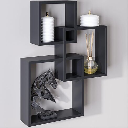 Ballucci Modern Interlocking Cube Floating Shelves, Wall Mount Wood Square Shelves for Living Room, Bedroom, Bathroom, Easy to Install Wall Decor Box Shelves, Black in Saudi Arabia