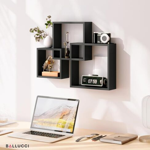 Ballucci Modern Interlocking Cube Floating Shelves, Wall Mount Wood Square Shelves for Living Room, Bedroom, Bathroom, Easy to Install Wall Decor Box Shelves, Black in Saudi Arabia