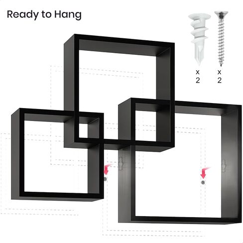 Ballucci Modern Interlocking Cube Floating Shelves, Wall Mount Wood Square Shelves for Living Room, Bedroom, Bathroom, Easy to Install Wall Decor Box Shelves, Black in Saudi Arabia